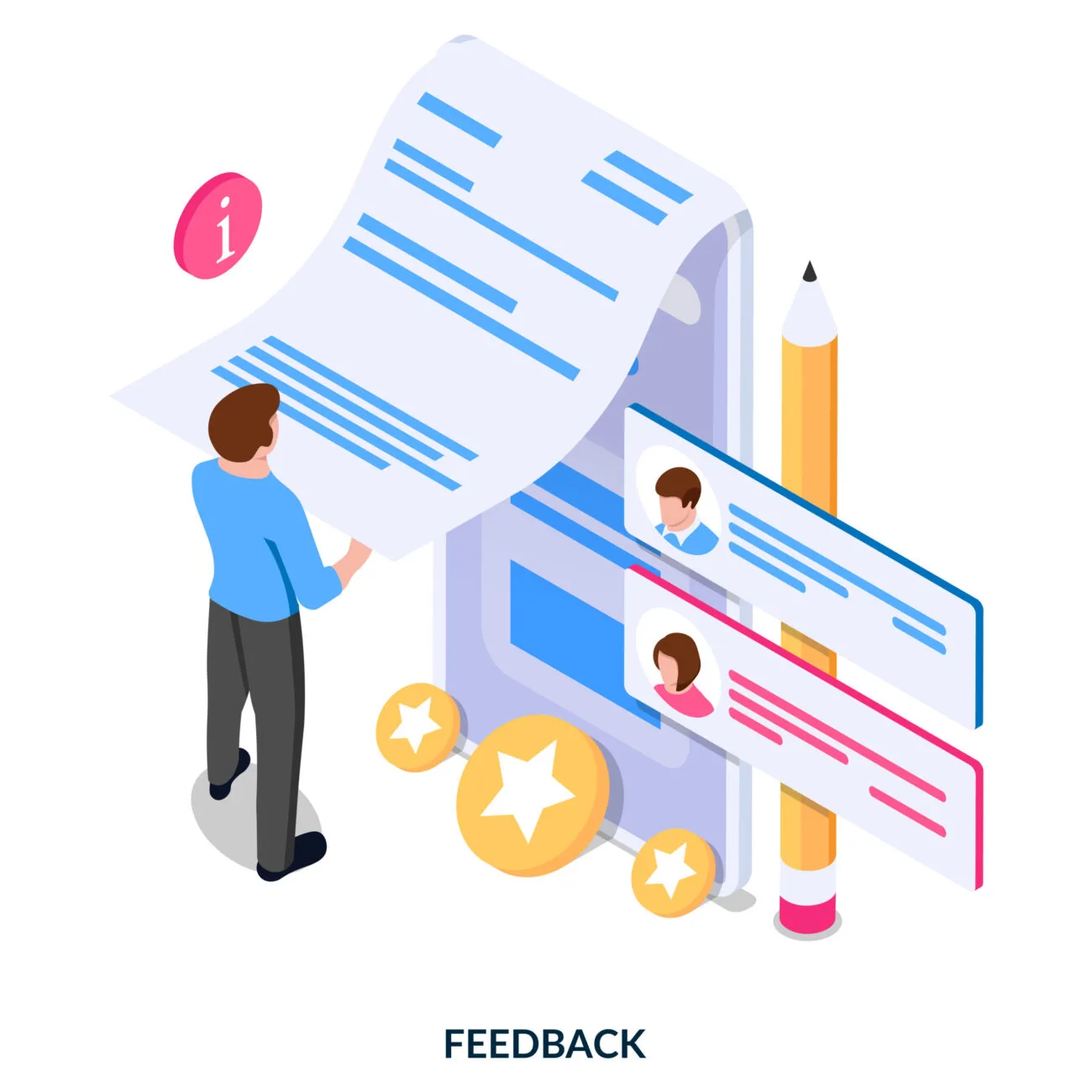 Feedback concept. A man in front of the phone reading comments, rates and writes his own review. Customer service and user experience. Vector illustration in isometric style on white background